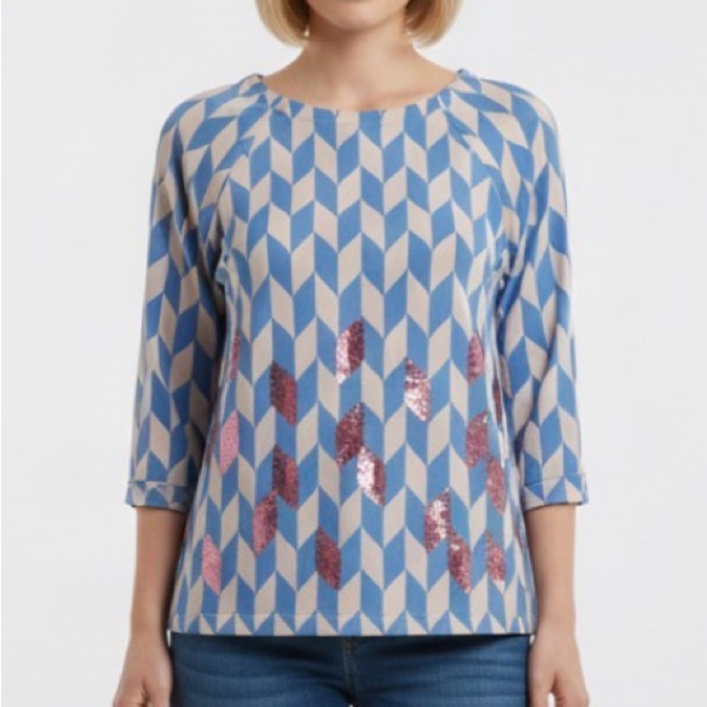 Boden Geometric Blue Cream Sequin Jersey Top 3/4 Sleeve Size 12